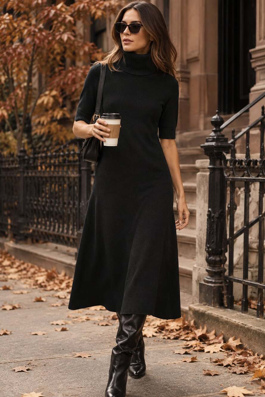 Lauren Ralph Lauren Silk Cashmere Turtleneck Midi Dress XS Black